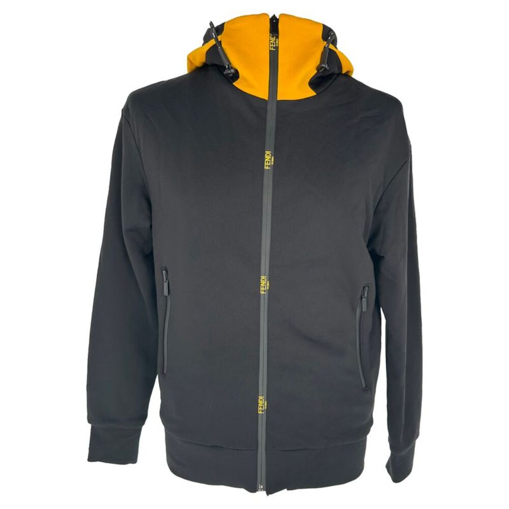 Fendi High Neck Zip-Up Hoodie in Black Cotton
